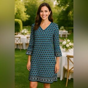 Max Edition Blue Floral Print Bell Sleeve Midi Dress Career Party NWT L #1452